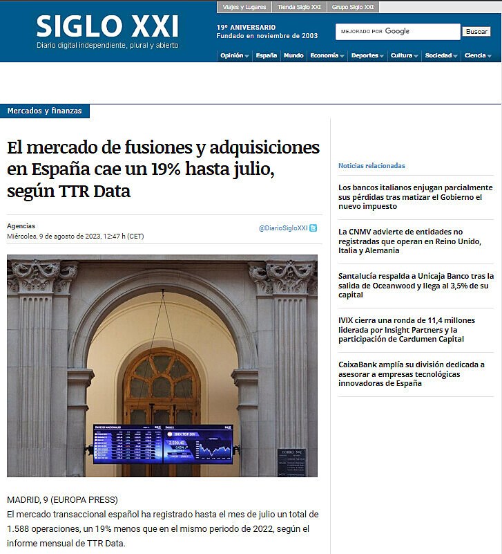 El mercado de fusiones y adquisiciones en Espaa cae un 19% hasta julio, segn TTR Data